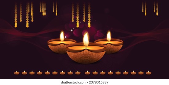 Website header or banner design with realistic oil lamp on purple background for Diwali Festival celebration.