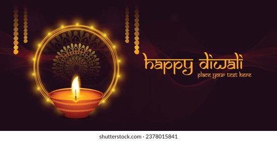 Website header or banner design with realistic oil lamp on purple background for Diwali Festival celebration.
