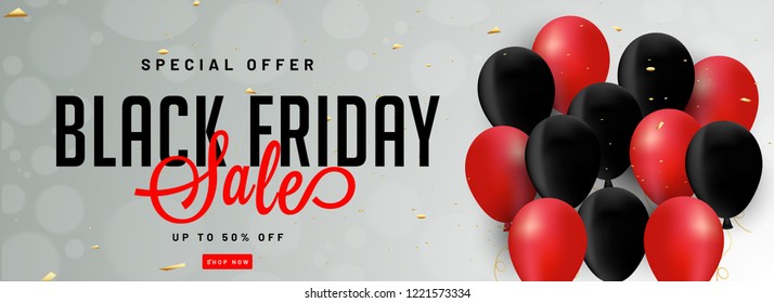 Website header or banner design with red and black balloons and 50% discount offer for Black Friday sale.