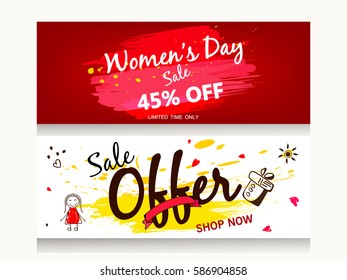 Website Header or Banner design for Sale, Offer or Discount on Colorful Grungy texture background for the celebration of International Women's Day, 8th March.