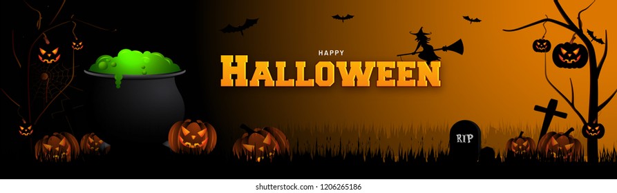 Website header or banner design with scary jack-o-lanterns, magical cooking pot and flying witch on glossy night view background.