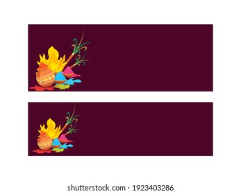 Website Header Or Banner Design Set With Holi Festival Elements And Given Space For Text On Dark Pink Background.