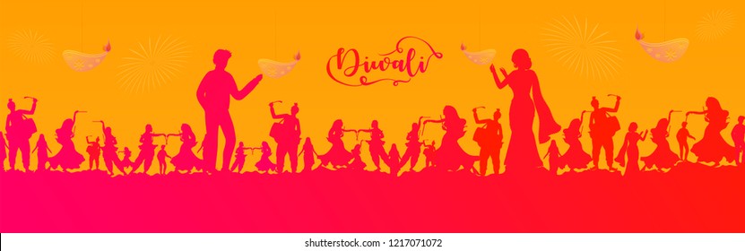 Cabeçalho do site ou design de banner com silhueta de pessoas que apreciam o Festival das Luzes Diwali.