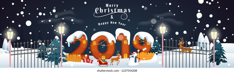 Website header or banner design with snow capped text 2019, reindeer and snowman illustration on winter landscape background for Merry Christmas and New Year celebration.