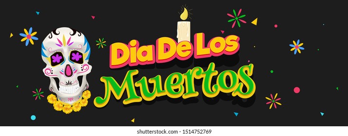 Website header or banner design with sticker style text of Dia De Muertos with sugar skull and illuminated candle on black background.