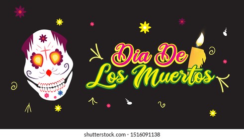 Website header or banner design with sticker style text of Dia De Muertos with sugar skull and illuminated candle on black background.