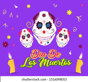 Website header or banner design with sticker style text of Dia De Muertos with sugar skulls and illuminated candle on purple background.