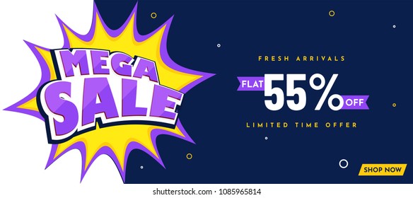 Website header or banner design with stylish text Mega Sale on pop-art style, 55% off on blue and white background. 