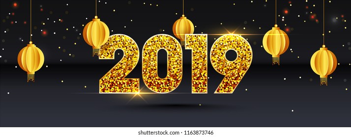 Website header or banner design with text glittering text 2019 on black background decorated with paper lamps for New Year celebration concept.