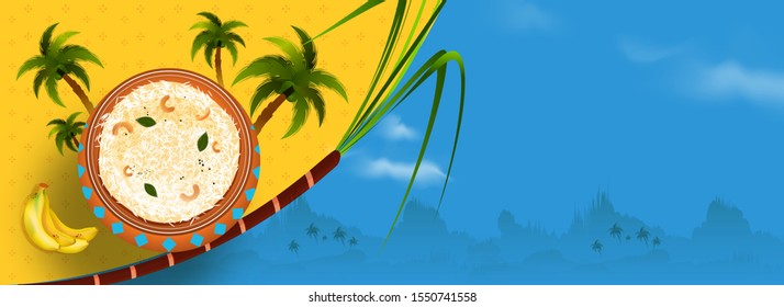 Website Header Or Banner Design With Top View Of Pongali Rice Pot, Banana, Coconut Tree And Sugarcane On Yellow And Blue Nature View Background.