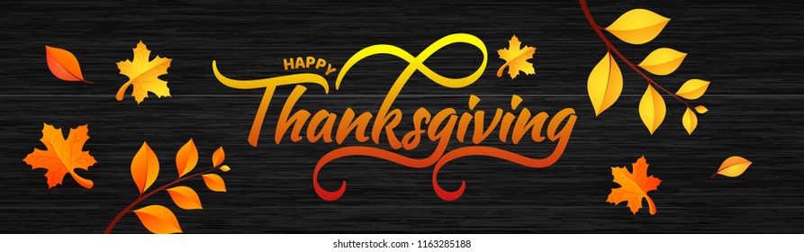 Website header or banner design with typography of Thanksgiving and maple or autumn leaves on wooden texture background.