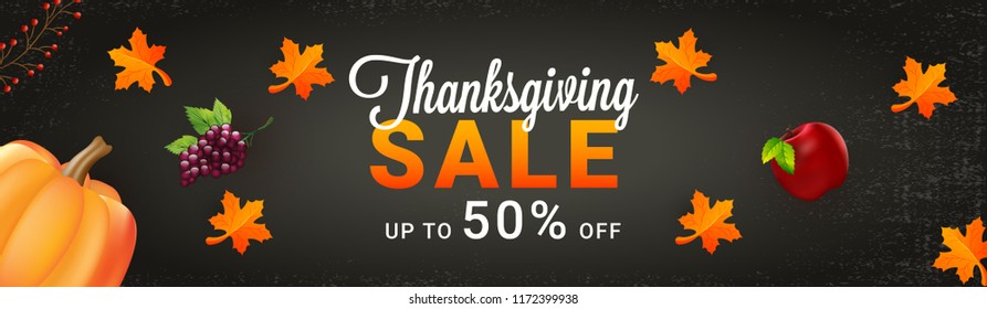 Website header or banner design, Upto 50% offer sale for Thanksgiving celebration concept with illustration of grapes, apple pumpkin and maple leaves on grey texture background.