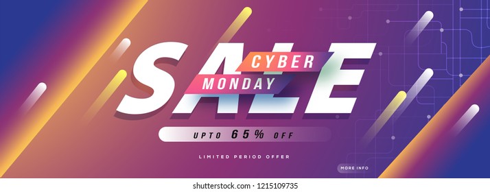 Website header or banner design, Upto 65% off for Cyber Monday Sale advertisment concept.