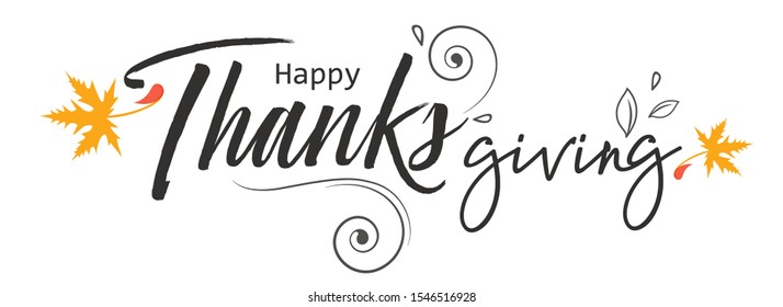 Website Header or Banner Design using Hand Lettering Typography / Calligraphy / Text ”Happy Thanksgiving” with Florals and Autumn Leaves.