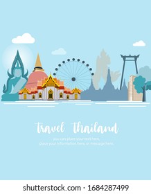 Website header or banner design Wat Benchamabophit Travel - Temple landscape on pastel blue backgrounds
