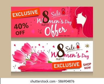 Website Header or Banner design for Women's Day Sale, Discount and Offer on the occasion of International Women's Day Celebration, 8th March.