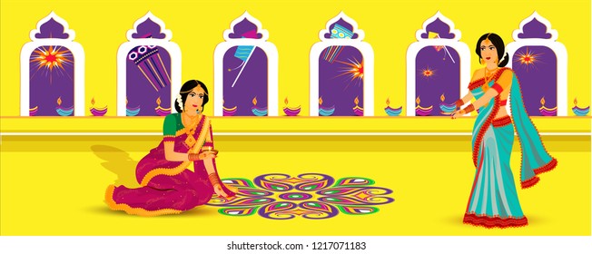 Website-Kopfzeile oder Banner-Design, junge Dame dekoriert beleuchtete Ölleuchten auf gelbem Hintergrund für Happy Diwali Feiern.