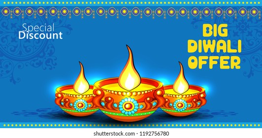 website Header or Banner Design,poster  Realistic Illuminated Oil Lamps on colourful Background Decorated with Bunting Light for Happy Diwali Celebration.