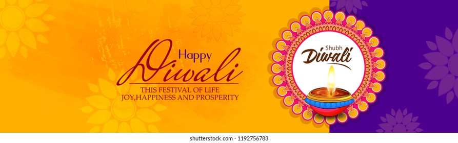Website-Header oder Banner-Design, Poster realistische Illuminated Oil Lampen auf buntem Hintergrund Dekoriert mit Jagdlicht für glückliche Diwali Feier.