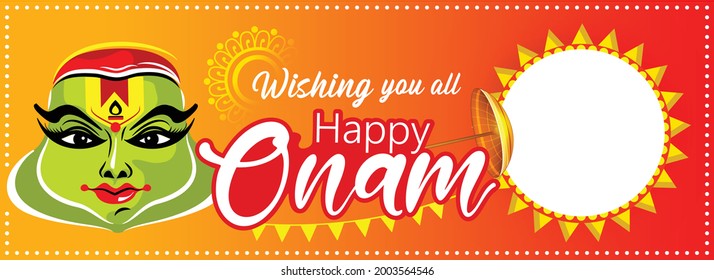 Website Header or Banner Frame Design, Vector Illustration for South Indian Festival Onam with Beautiful Kathakali Face.