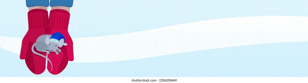Website header banner with hands holding a sleeping mouse, New Year vector illustration. Red winter gloves and cartoon animal