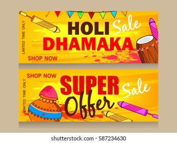 Website Header or Banner for Holi Dhamaka and Super Offer, Sale, Discount or Offer design on the occasion of Hindu Festival Holi.