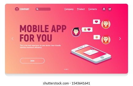 Website header with banner for mobile application, mobile dating application, love of relationship