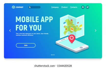 Website header with banner for mobile application, mobile travel application, navigation and maps
