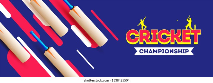 Website header banner or poster design of Cricket Championship with abstract cricket bat on blue background.