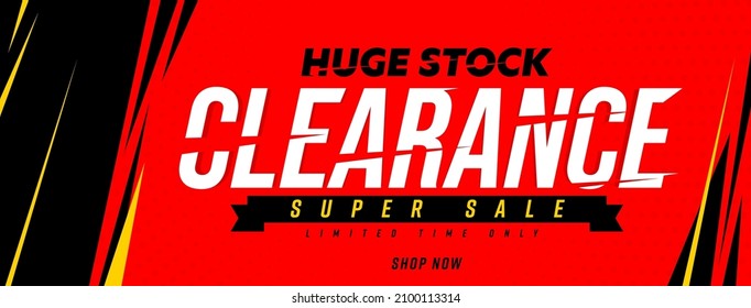 Website header banner with sale special offer announcement. Huge stock clearance super sale limited time only with shop now promotion. Business and ecommerce vector illustration