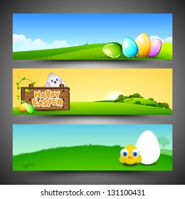 Website header or banner set with beautiful painted eggs, bunny, and little chick for Happy Easter.