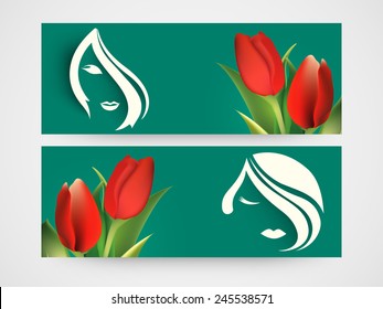 Website header or banner set with beautiful red buds of roses and sketch of young girl face.