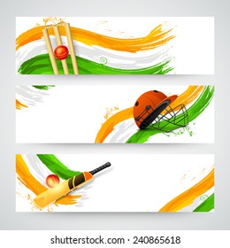 Website header or banner set for Cricket with national flag colors, bat, ball and helmet.