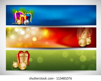 Website header or banner set decorated with evening balls, snowflakes and lights. EPS 10.