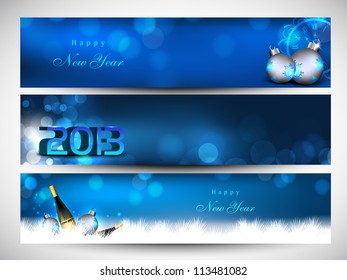 Website header or banner set decorated with evening balls, snowflakes and lights. EPS 10.