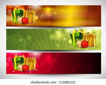 Website-Kopfzeile oder Banner-Set mit Geschenken, Schneeflocken und Lichtern dekoriert. EPS10.