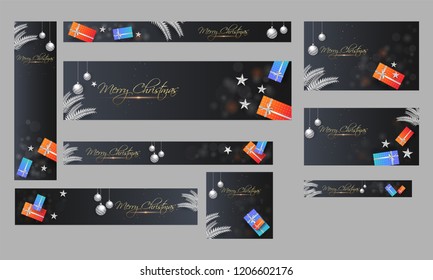 Website header or banner set decorated with gift boxes, stars, pine leaves and hanging baubles on black background for Merry Christmas festival celebration concept.
