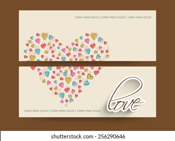 Website header or banner set decorated by colorful hearts and text Love.