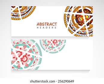 Website header or banner set decorated by colorful traditional floral design for your business.