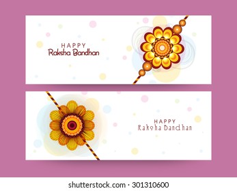 Website header or banner set decorated with beautiful rakhi for Indian festival, Raksha Bandhan celebration.