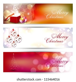 Website header or banner set with decorative Xmas balls, gifts box and snowflakes. EPS 10.