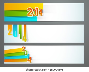 Website header or banner set design for Happy New Year 2014 celebration with on colorful paper text. 
