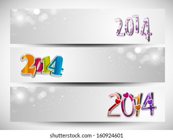 Website header or banner set design for Happy New Year 2014 celebration with colorful text on shiny grey background.