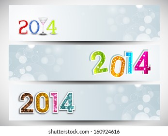 Website header or banner set design for Happy New Year 2014 celebration with colorful text on snowflake background.