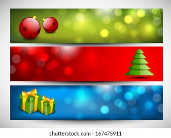 Website header or banner set design for Happy New Year 2014 celebration with glossy Xmas ball, Xmas tree and gift boxes on shiny background. 