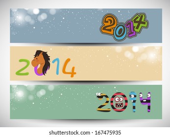 Website header or banner set design for Happy New Year 2014 celebration with Chinese symbol of the year Horse. 