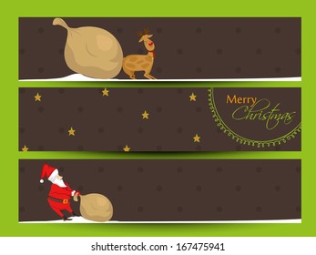 Website header or banner set design for Merry Christmas celebration with Santa, reindeer, gift boxes and stylish text on brown background. 