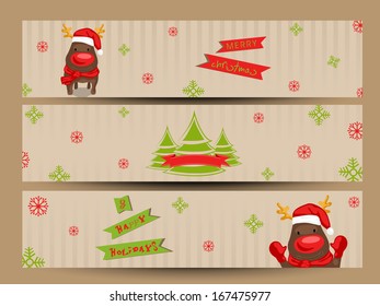 Website header or banner set design for Merry Christmas with reindeer in Santa hat on vintage brown background. 