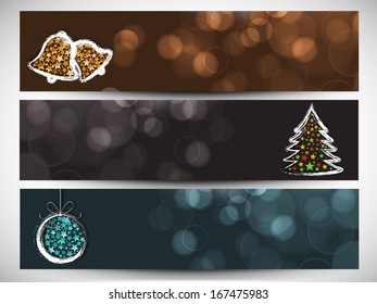 Website header or banner set design for Happy New Year 2014 celebration with shiny jingle bells, Xmas tree and Xmas ball. 