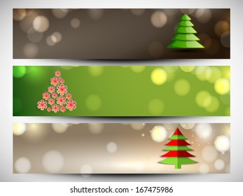 Website header or banner set design for Happy New Year 2014 celebration with Shiny Xmas tree on colorful background. 